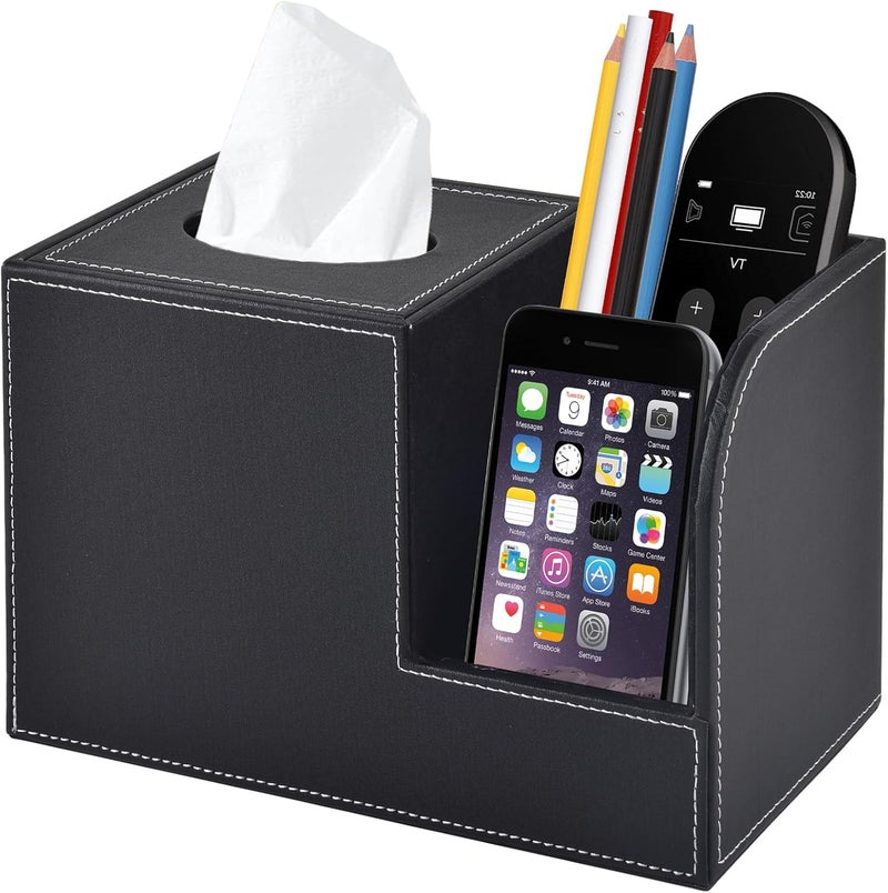 XNONE PU Leather Tissue Box Cover with Storage Square-Multifunctional Tissue Holder,Remote Control Holder,Decorative Tissues Boxes Organizer,Home Office Desktop Storage box,Black - Image 1